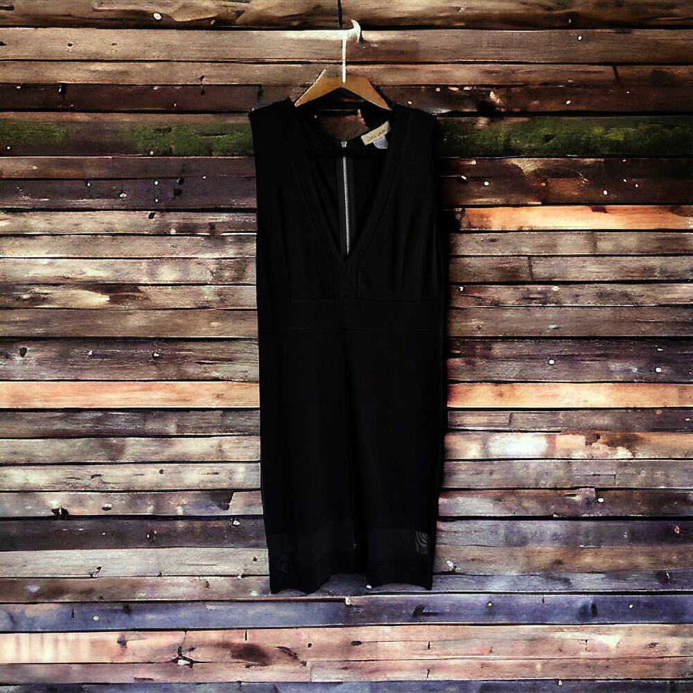 Davina Womens Dress Sz L Knit Black Tank Dress Sheer‎ Inserts Ponte Full Zip NEW